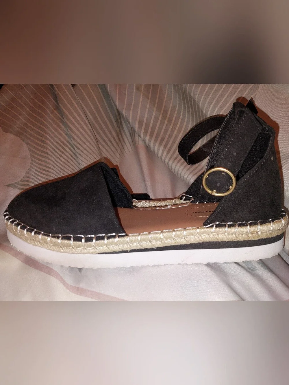 Time and Tru Black Ankle-Strap Espadrille Sandals with Gold Accent 11